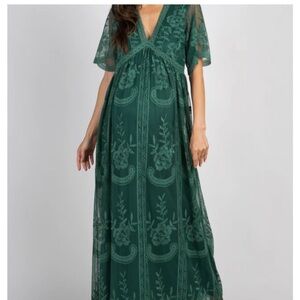 Pinkblush Deep Green Floral Lace Maxi Dress
